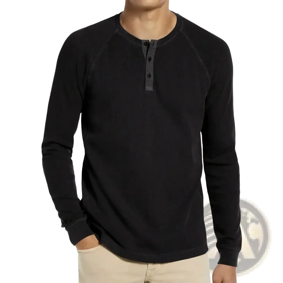 Black men waffle long sleeve henley shirt with ribbed texture and dark gray buttons casual solid top