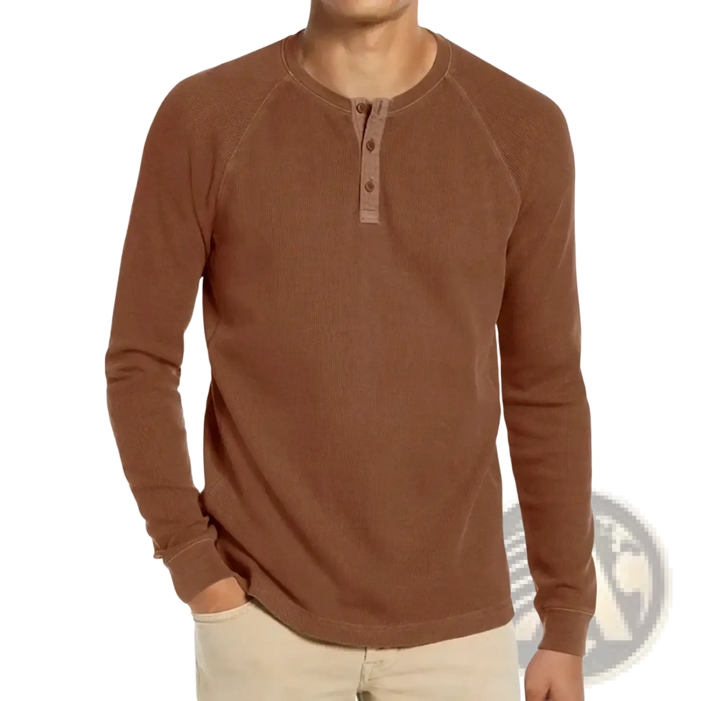 Brown ribbed waffle long sleeve henley shirt with three buttons and raglan sleeves for casual menswear