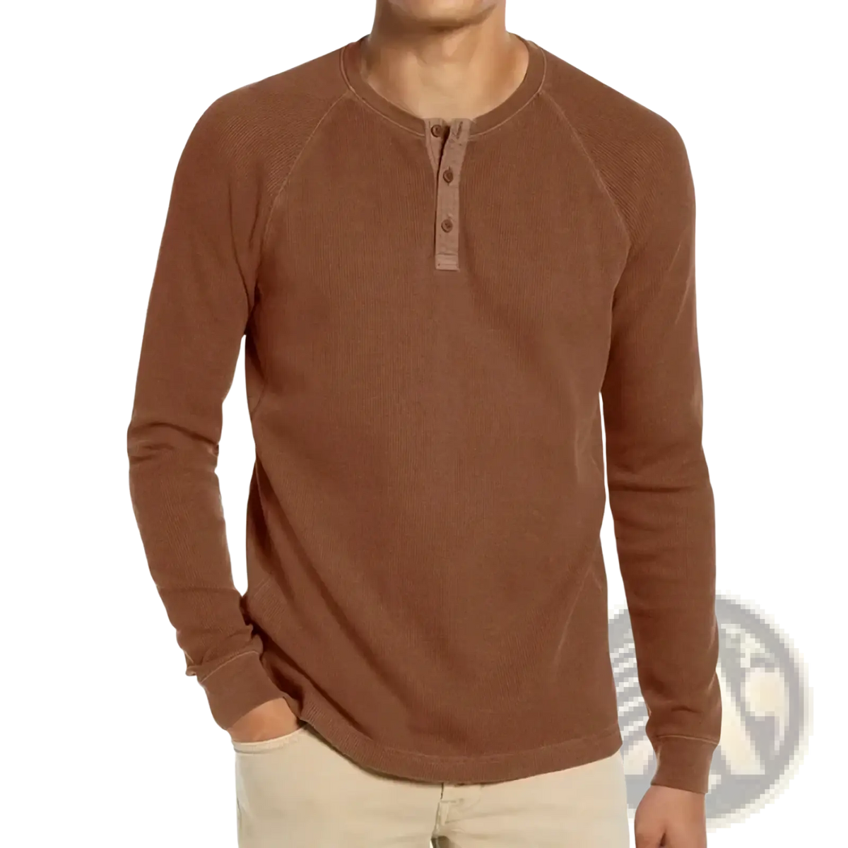 Brown ribbed waffle long sleeve henley shirt with three buttons and raglan sleeves for casual menswear