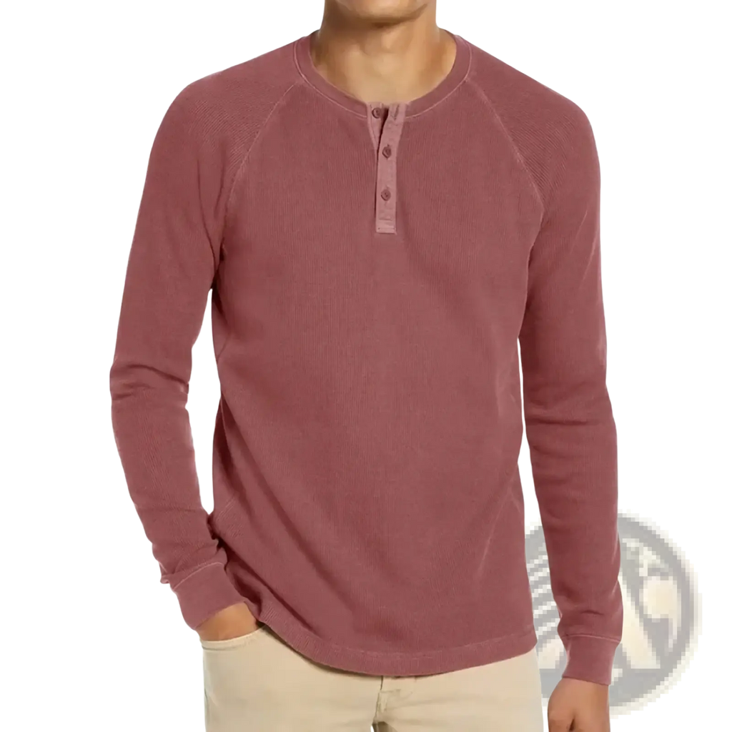 Men waffle long sleeve henley shirt in dusty rose with ribbed texture and raglan sleeves for casual wear