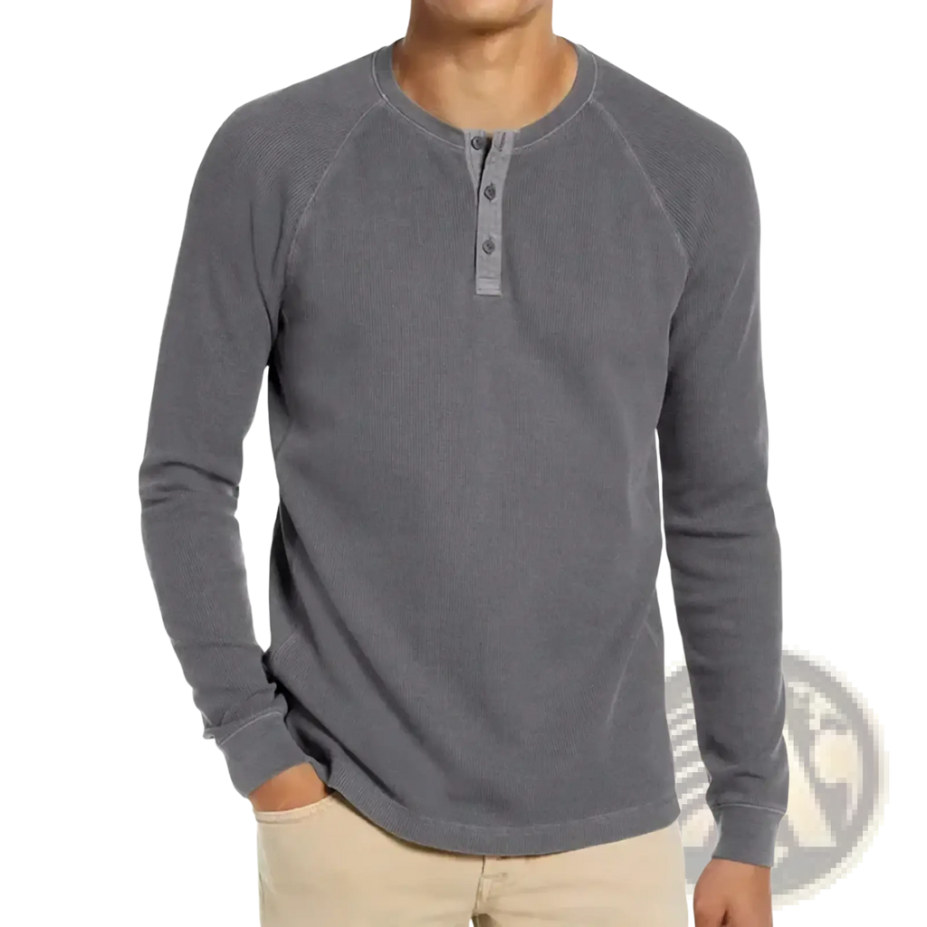 Gray waffle long sleeve henley shirt with ribbed fabric three buttons and raglan sleeves for casual wear