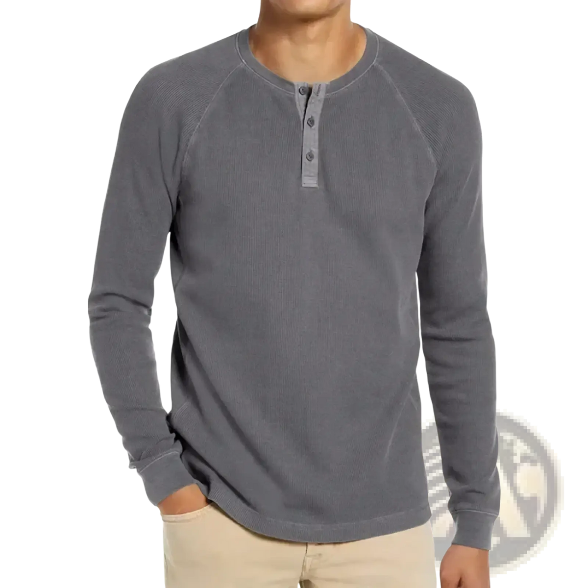 Gray waffle long sleeve henley shirt with ribbed fabric three buttons and raglan sleeves for casual wear