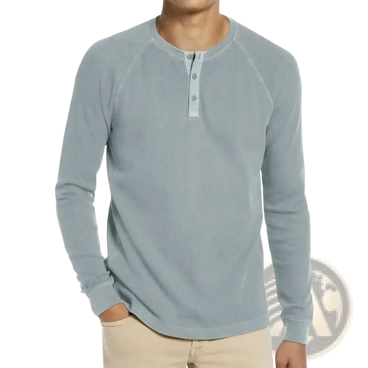 Light blue ribbed long-sleeve henley shirt with buttoned placket men waffle solid casual top