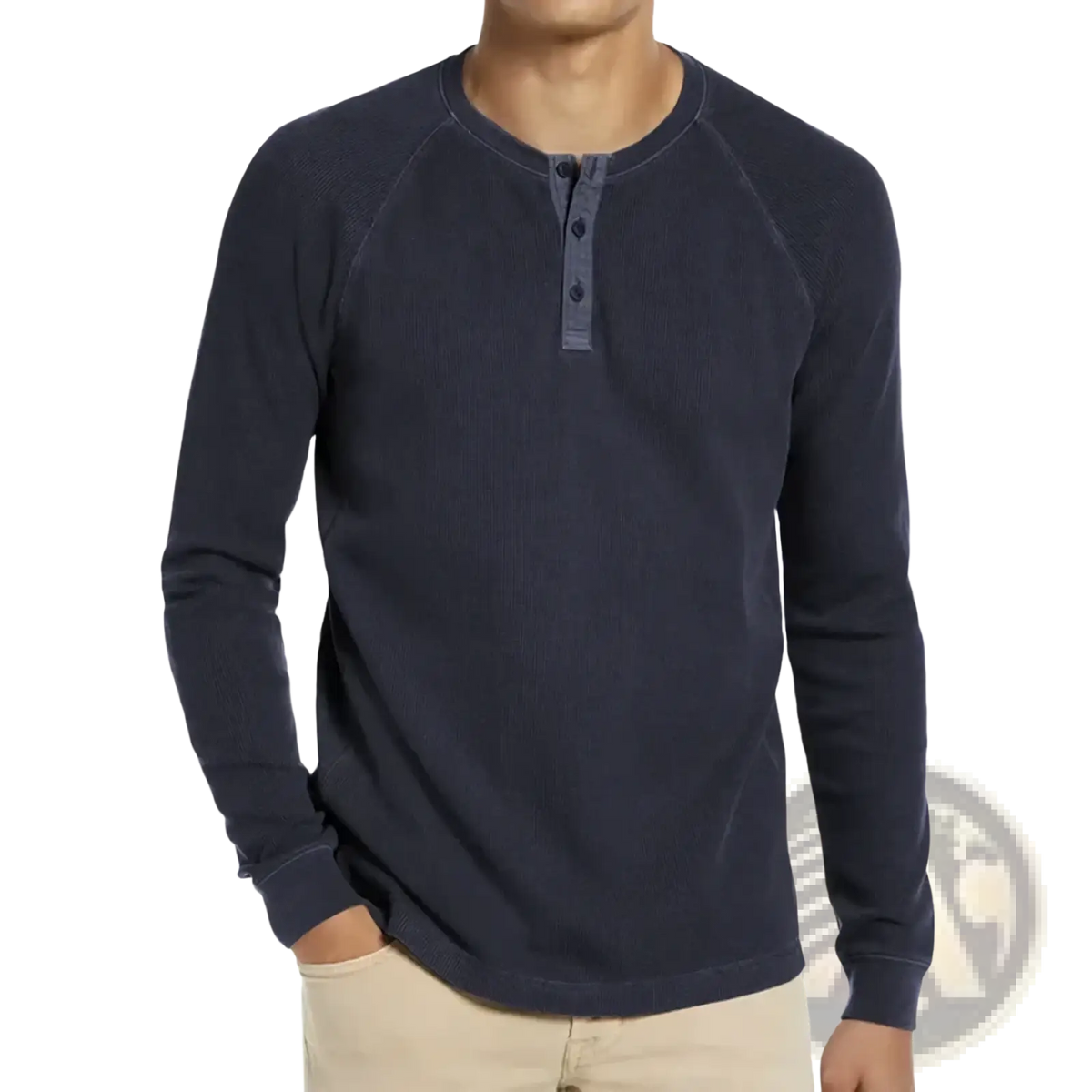 Men waffle long sleeve henley shirt in navy blue ribbed fabric with dark gray buttons and raglan sleeves for casual wear