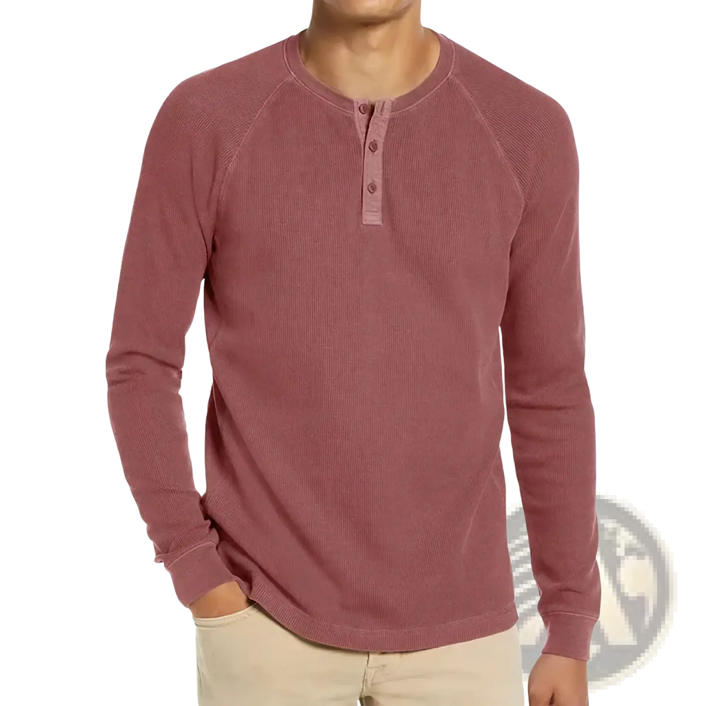 Men waffle long sleeve henley shirt in maroon ribbed fabric with buttoned placket and raglan sleeves for casual wear