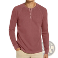 Men waffle long sleeve henley shirt in maroon ribbed fabric with buttoned placket and raglan sleeves for casual wear