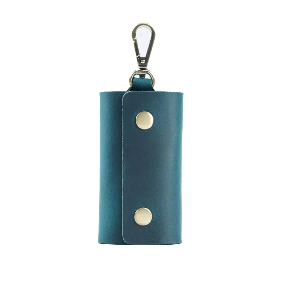 Men’s minimalist leather wallet and key organizer case in teal leather with gold snap buttons and silver carabiner clip