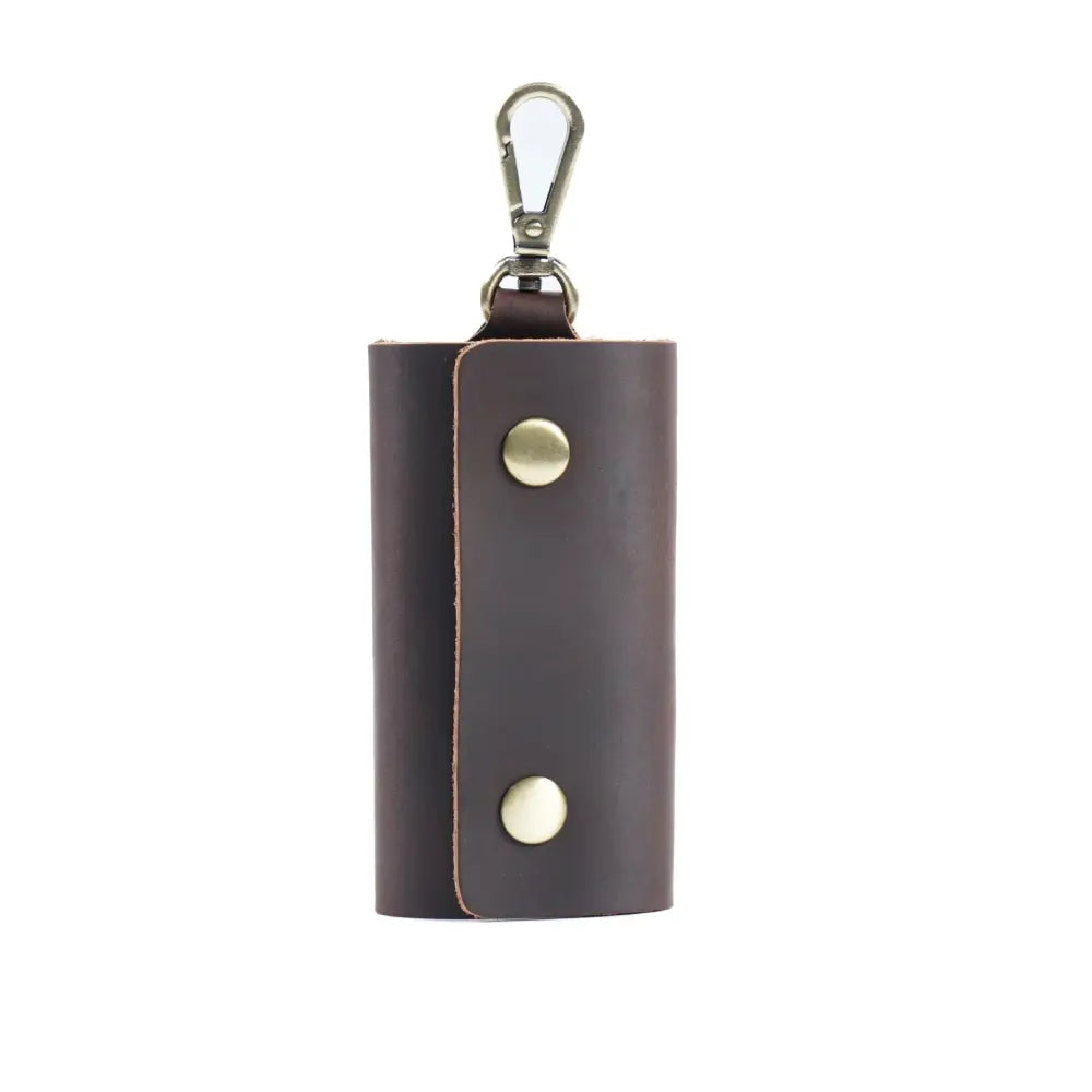 Dark brown leather key ring with brass rivets and silver carabiner clip for mens minimalist leather wallet and key organizer case