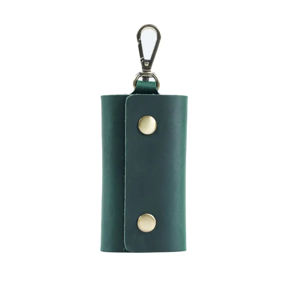 Men’s minimalist leather wallet and key organizer case in dark green leather with gold snap buttons and silver carabiner clip