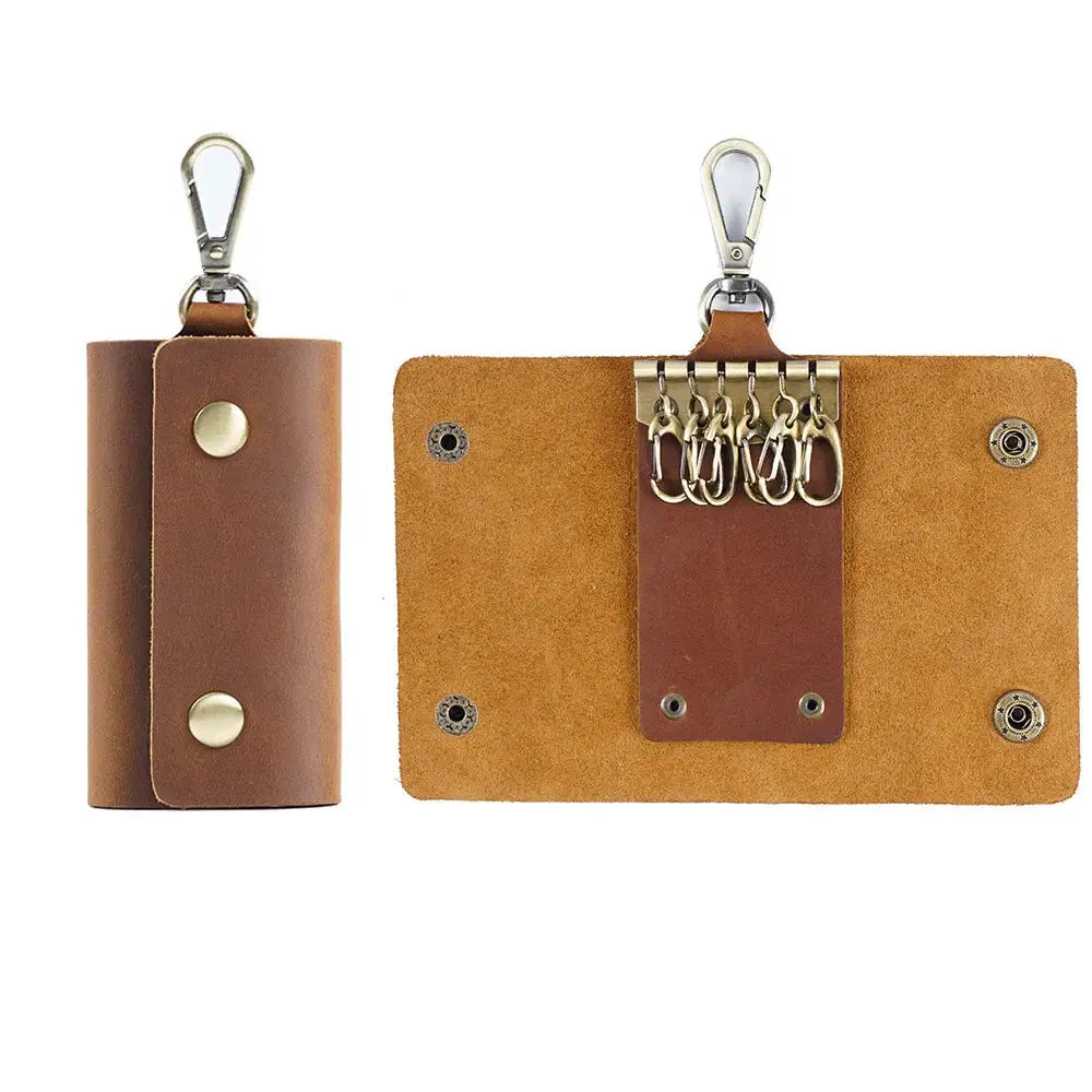 Brown leather key ring organizer with silver metal clasp and five hooks in men’s minimalist leather wallet and key organizer case
