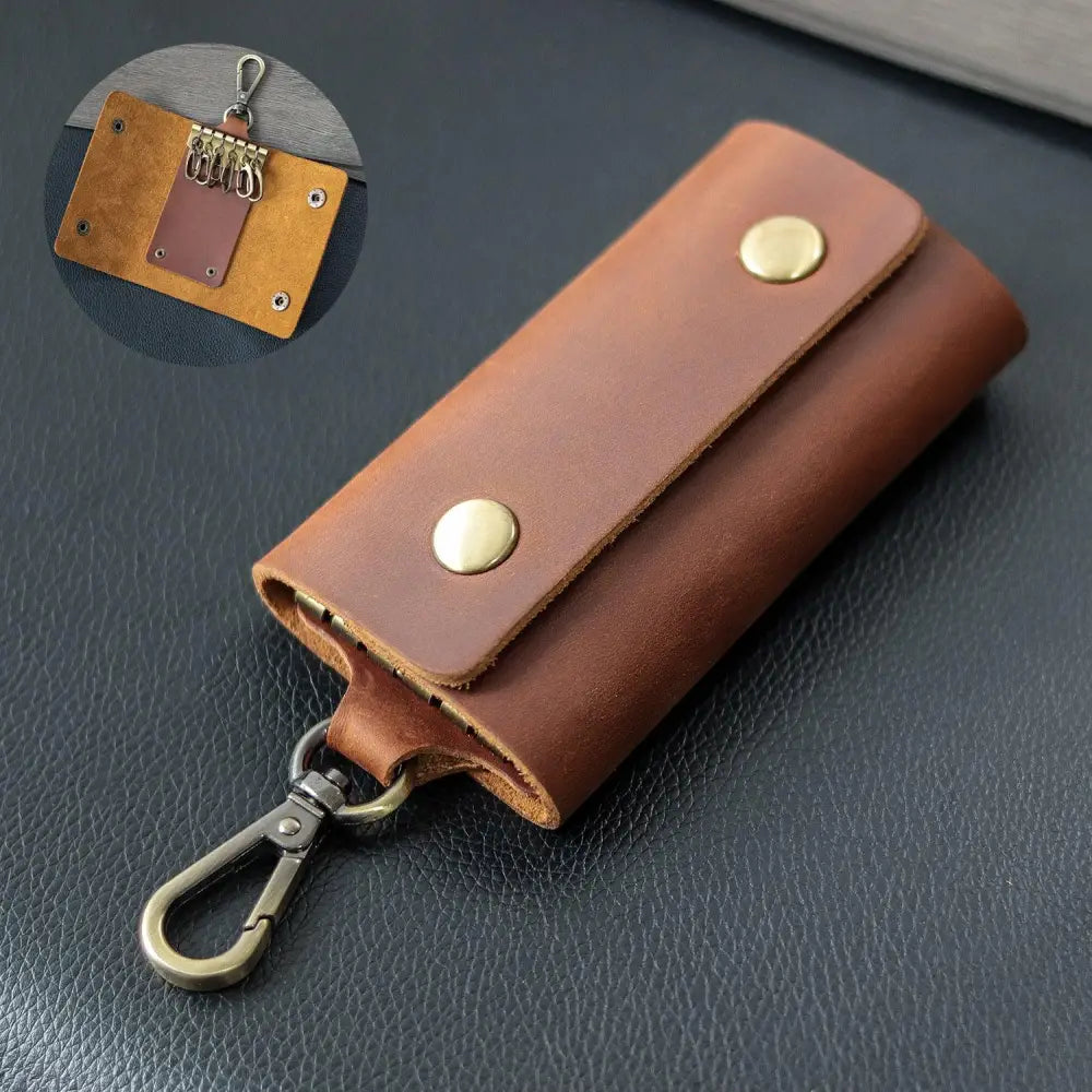 Men’s minimalist leather wallet and key organizer case with brown leather keychain featuring brass rivets and carabiner clip
