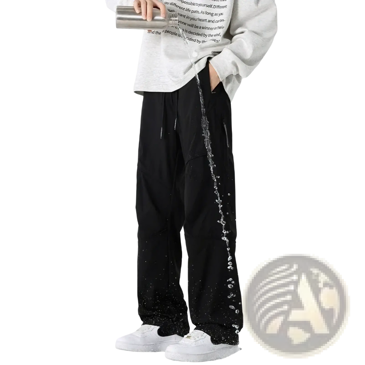 Men waterproof cargo hiking pants in black with quick dry fabric and water droplet design on the side seam