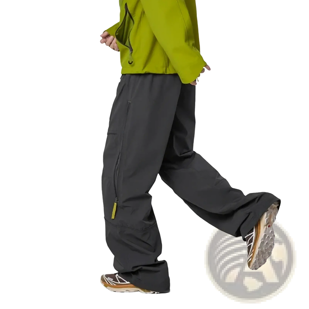 Men waterproof dark gray wide-leg cargo hiking pants with quick dry fabric multiple zippered pockets and lime green pull
