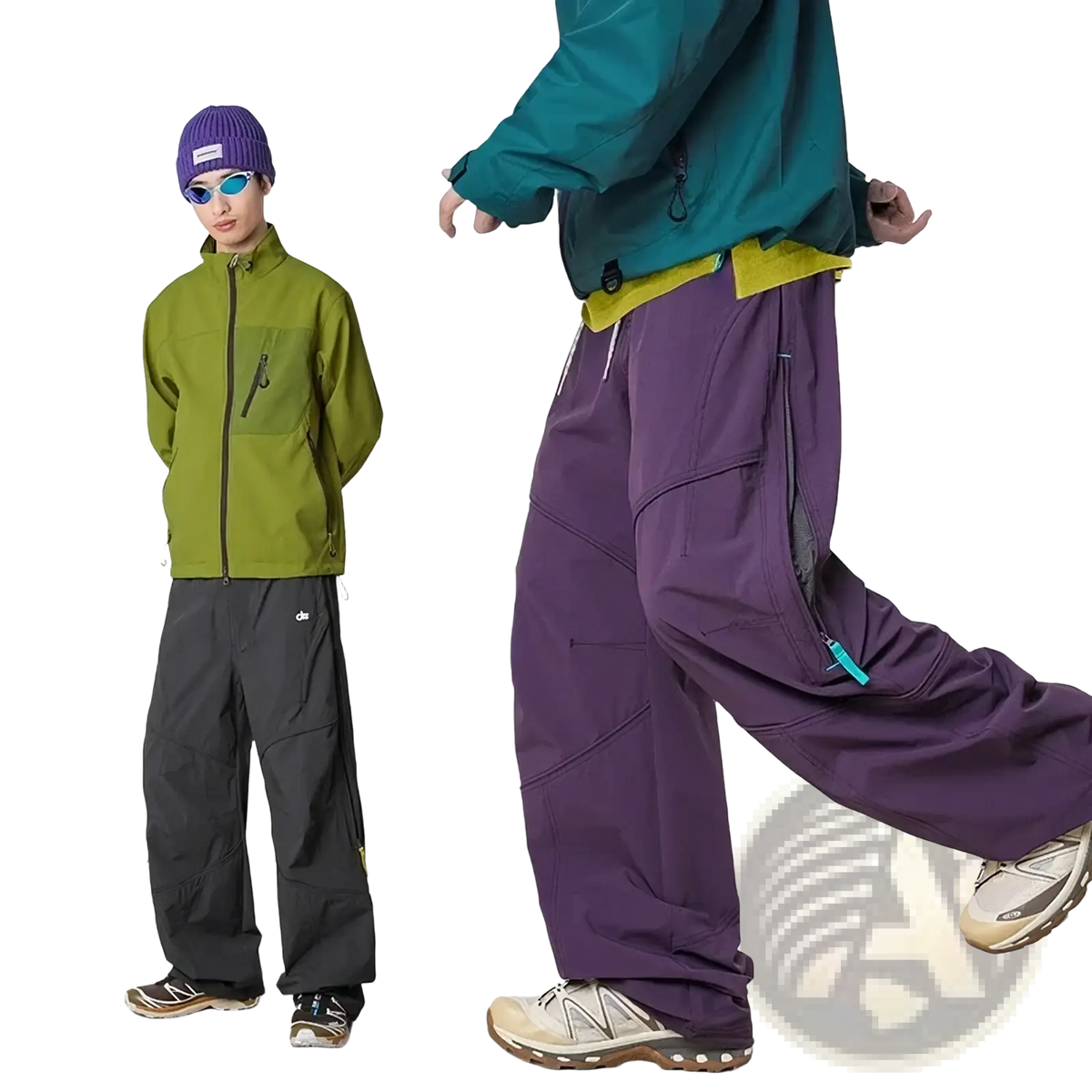 Men waterproof cargo hiking pants quick dry in purple with multiple pockets and a teal zipper pull