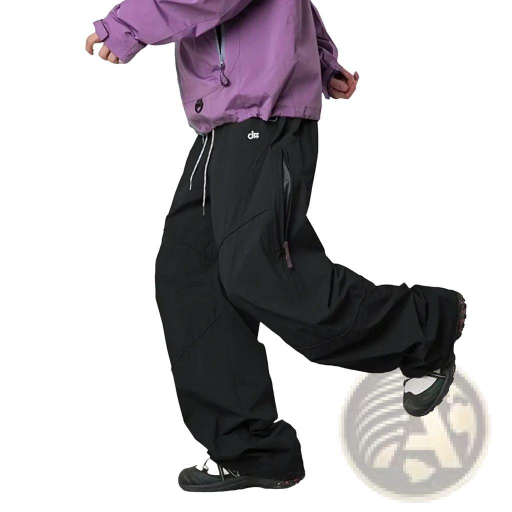 Black waterproof wide-leg cargo hiking pants with quick dry fabric and subtle white drawstrings at the waist