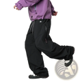 Black waterproof wide-leg cargo hiking pants with quick dry fabric and subtle white drawstrings at the waist
