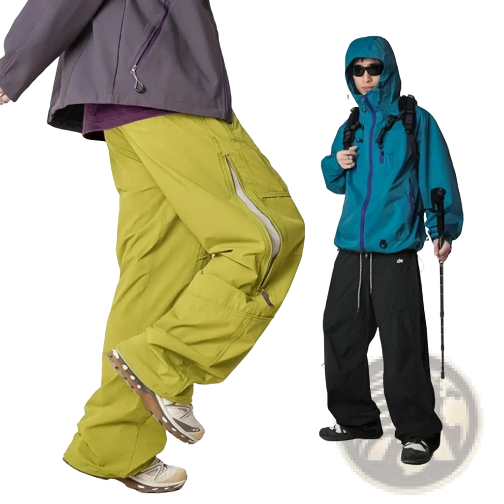 Men waterproof cargo hiking pants in vibrant lime green with durable flexible fabric and multiple zippered pockets