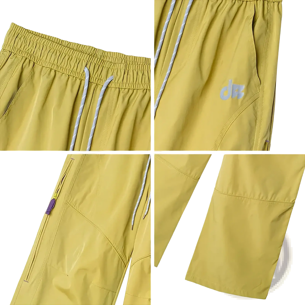 Men waterproof cargo hiking pants in yellow with drawstring waist purple zipper pulls and subtle thigh logo