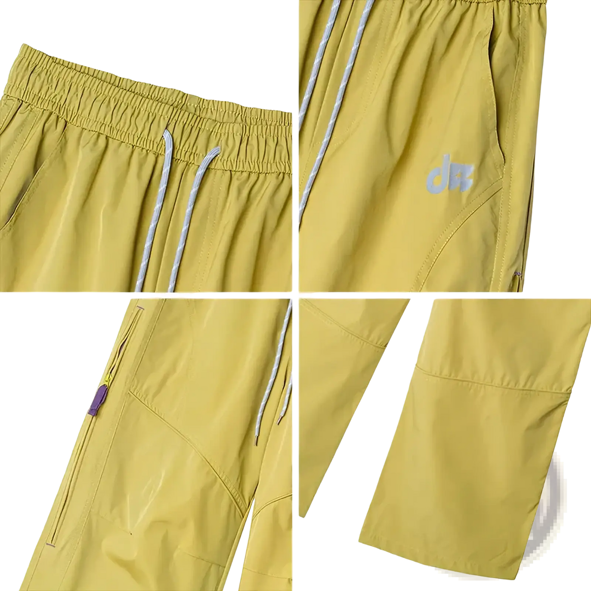 Men waterproof cargo hiking pants in yellow with drawstring waist purple zipper pulls and subtle thigh logo