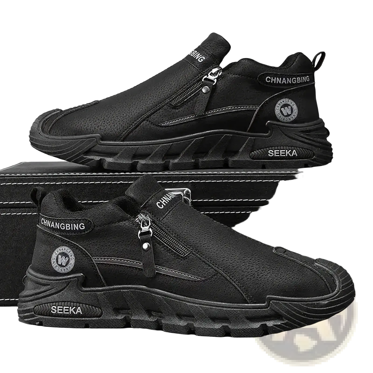 Black leather men waterproof casual slip-on sneakers with chunky rubber sole and zipper side closure branded chnangbing