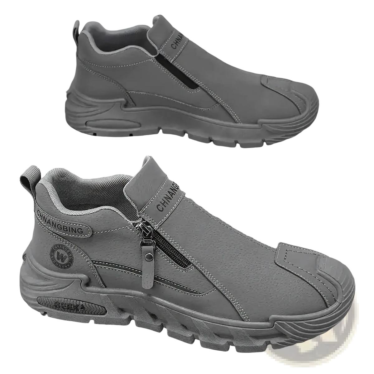 Men waterproof casual gray suede slip-on sneakers with side zipper and thick textured chunky soles