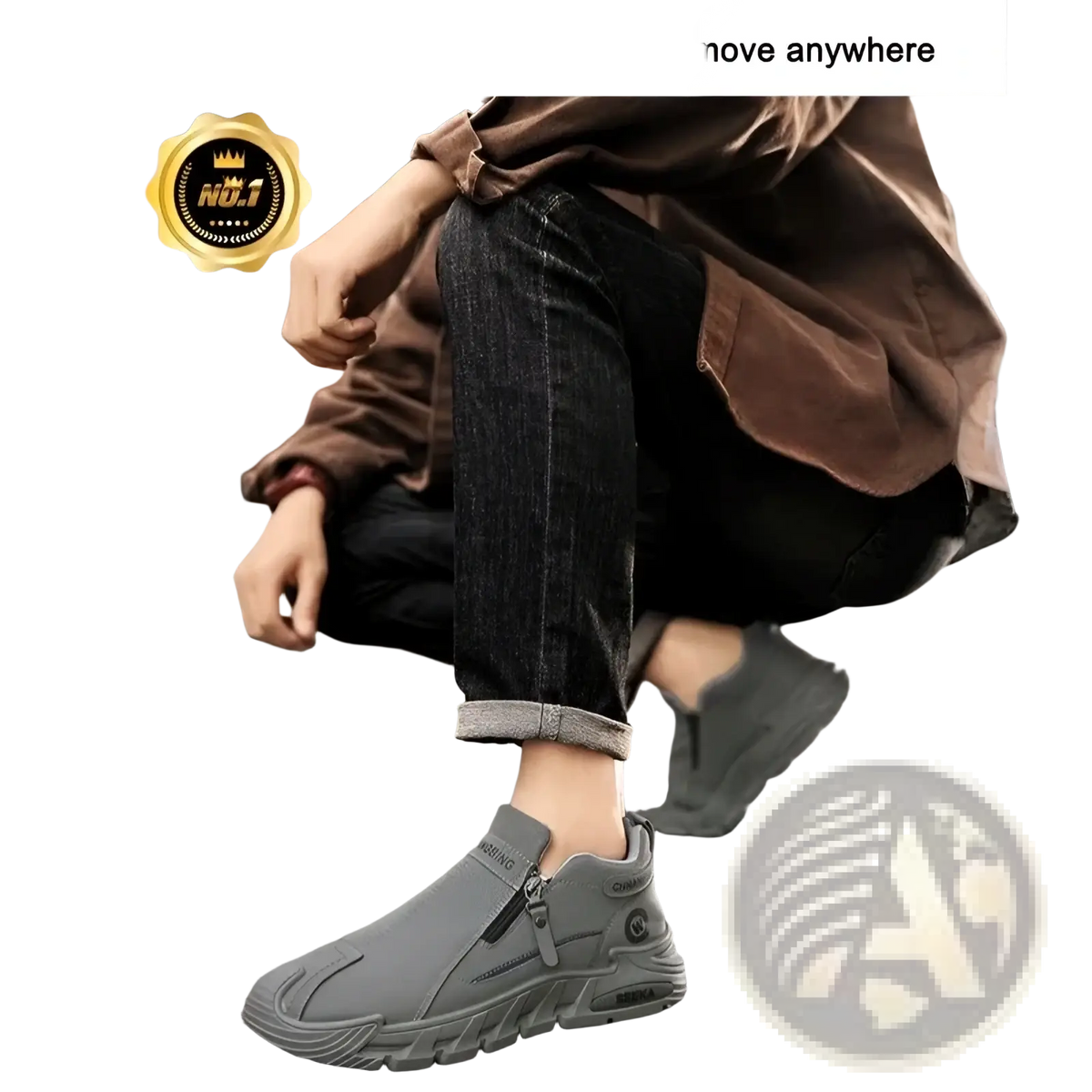 Gray slip-on men’s casual sneakers with waterproof design textured rubber sole and zipper closure