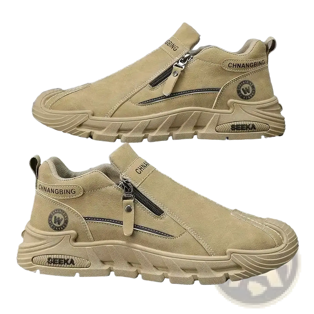 Men waterproof casual beige suede slip-on sneakers with chunky rubber sole and zipper side closure branded chnangbing