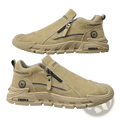 Men waterproof casual beige suede slip-on sneakers with chunky rubber sole and zipper side closure branded chnangbing