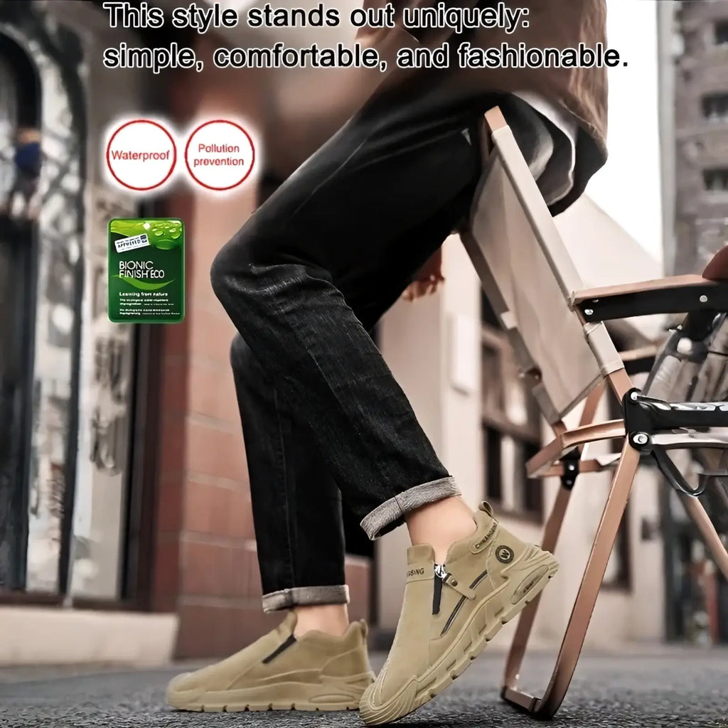 Beige waterproof men slip-on casual sneakers with chunky rugged sole and side zipper detailing