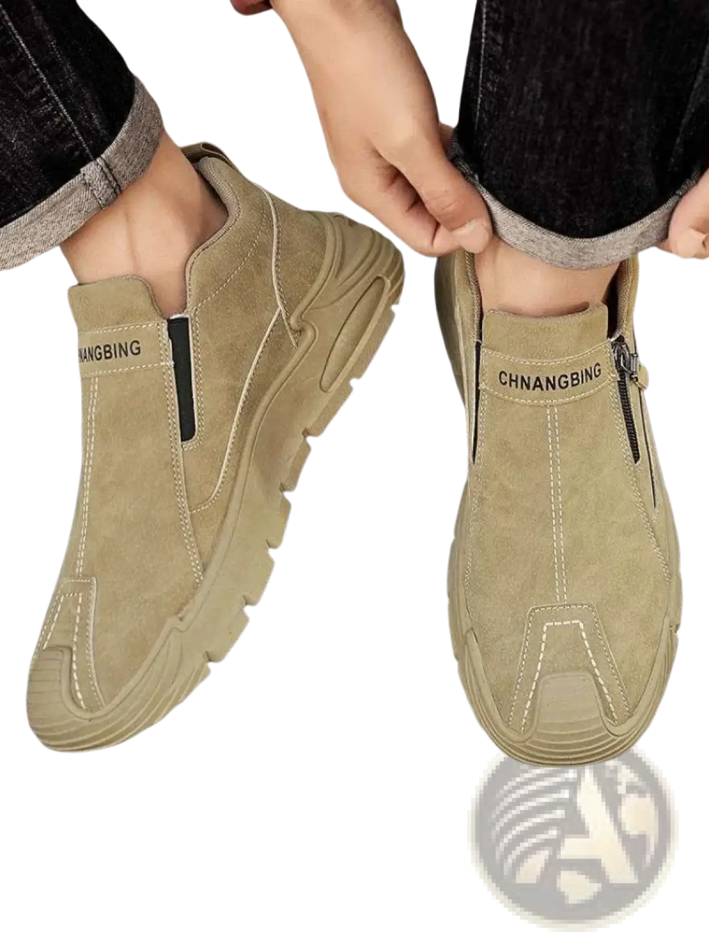 Beige suede men waterproof casual slip-on sneakers with black zipper accents and chunky rubber sole