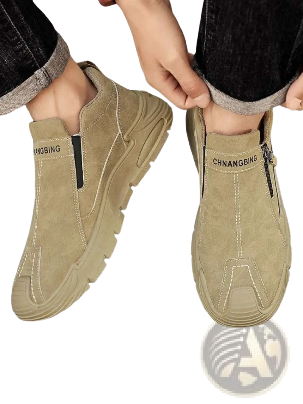 Beige suede men waterproof casual slip-on sneakers with black zipper accents and chunky rubber sole