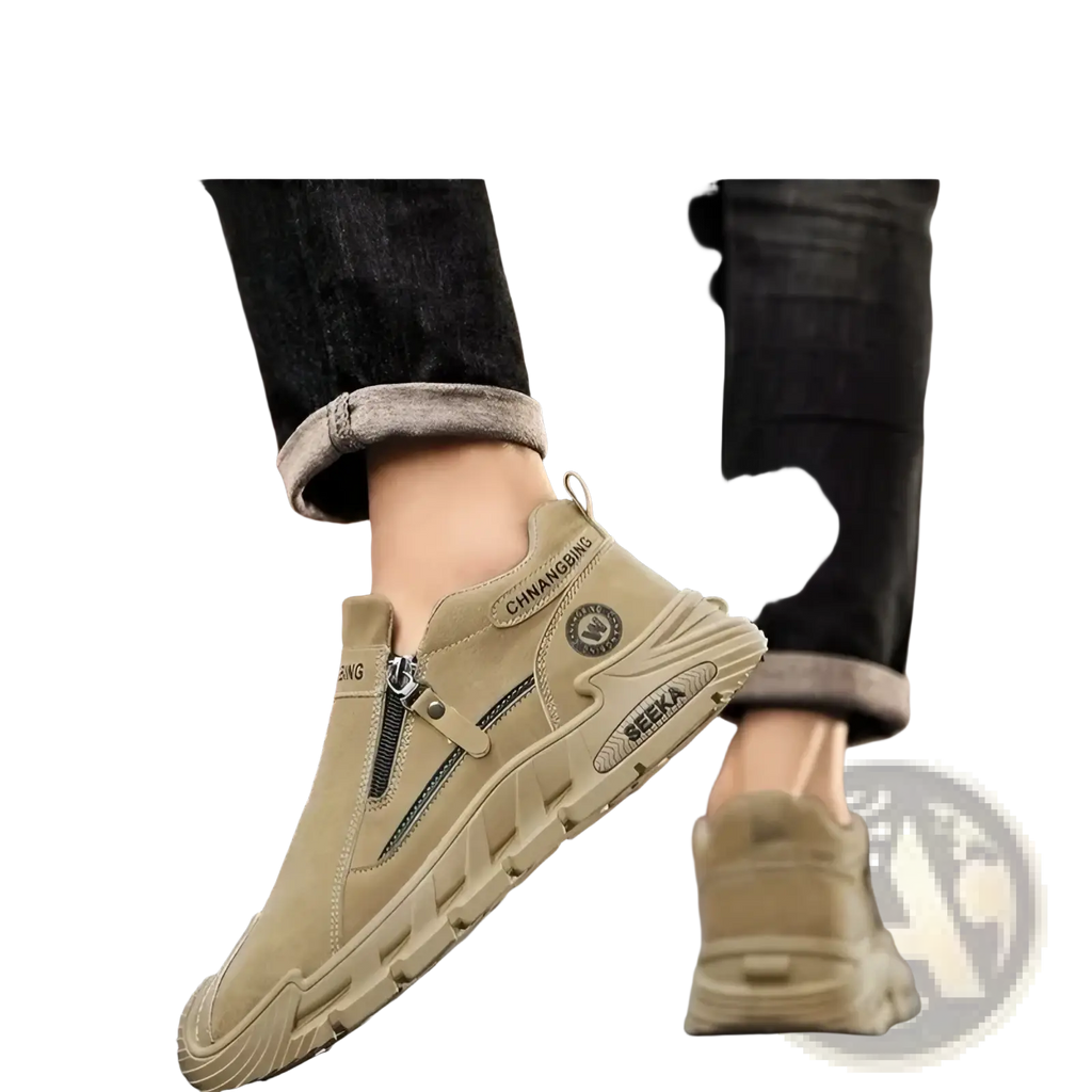 Beige suede and rubber men waterproof casual sneakers with zipper closure and seeka logo on the side