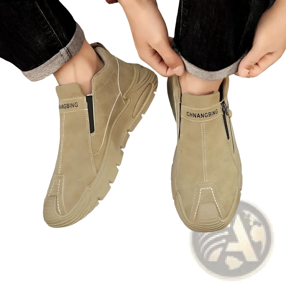 Beige suede waterproof men slip-on casual sneakers with side zipper and black branding in chunky design