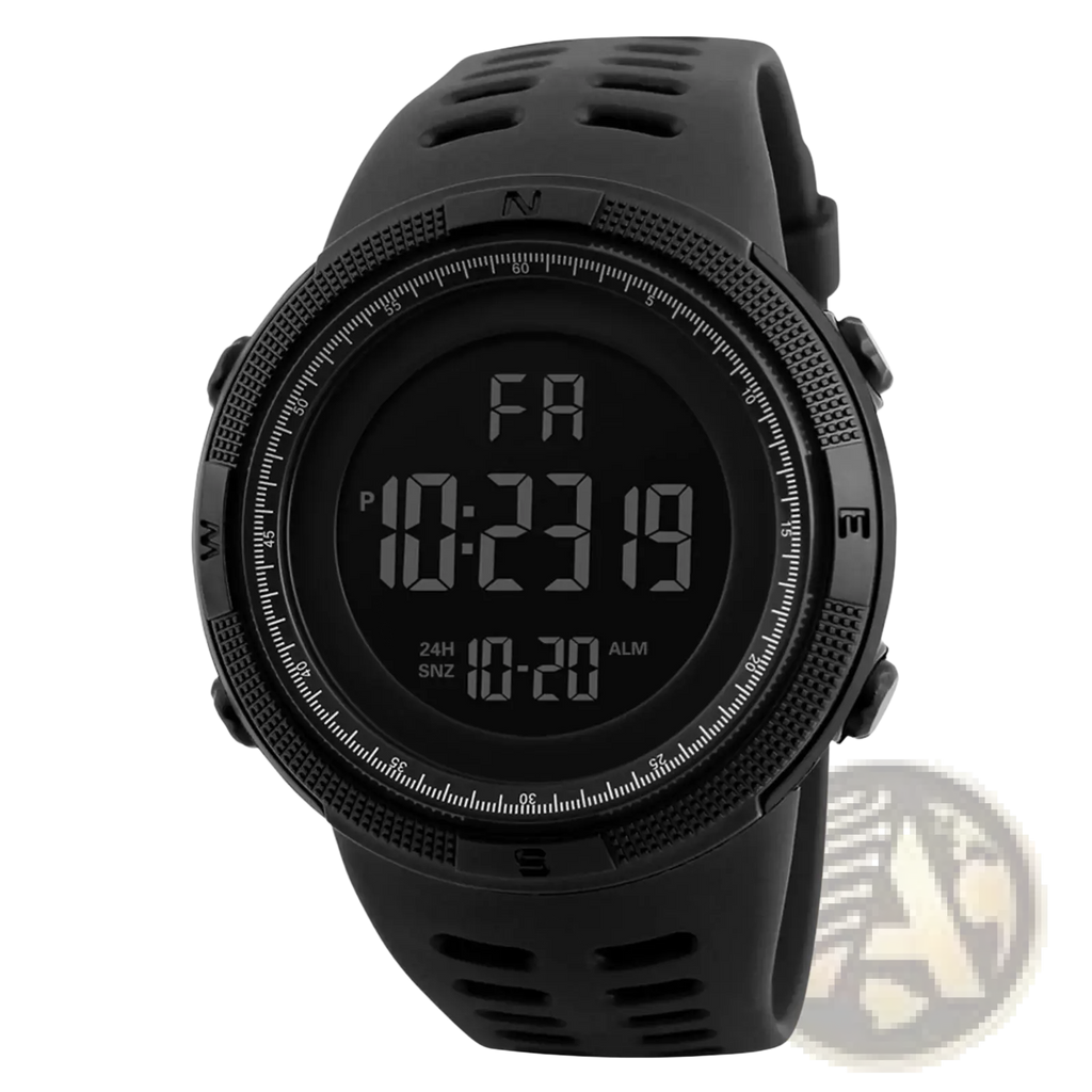 Men waterproof digital sports watch in black with rugged textured bezel and perforated silicone strap for durability