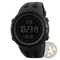 Men waterproof digital sports watch in black with rugged textured bezel and perforated silicone strap for durability