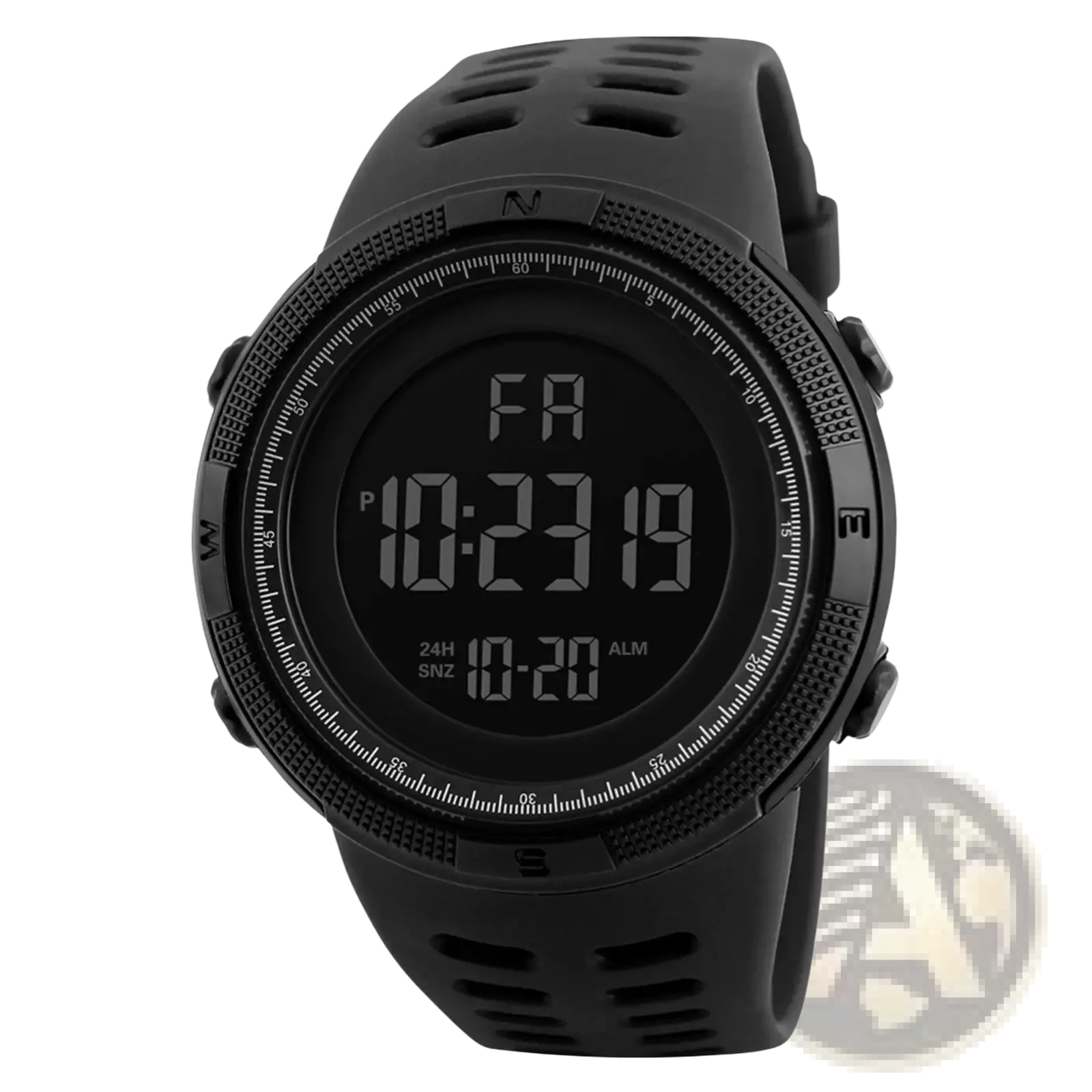 Men waterproof digital sports watch in black with rugged textured bezel and perforated silicone strap for durability