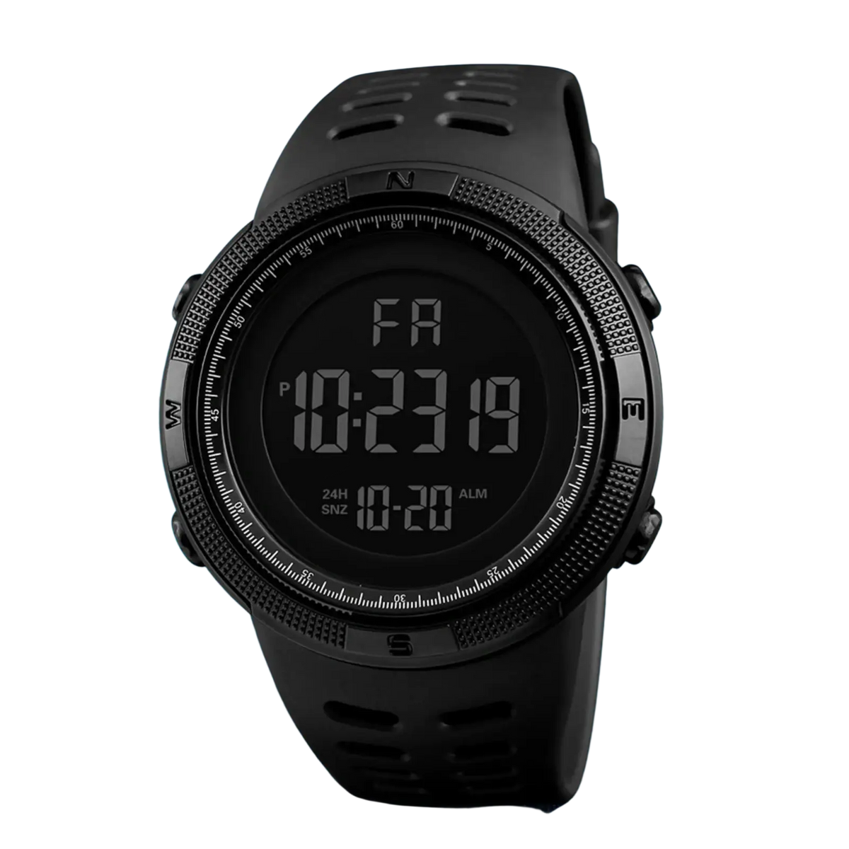 Men waterproof digital sports watch in black with a rugged textured bezel and matching silicone strap