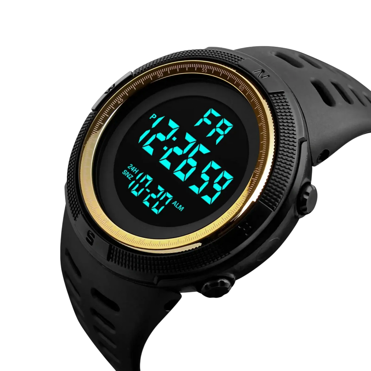 Men waterproof digital sports watch with black rubber strap, gold-tone bezel, and teal led display