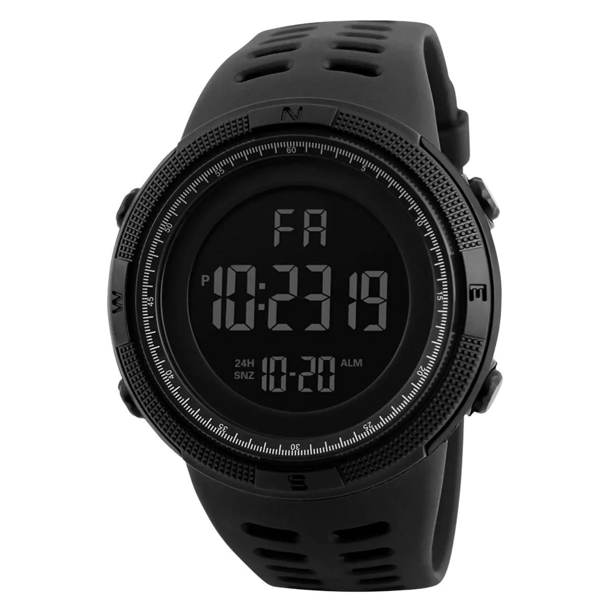 Men waterproof digital sports watch in black with rugged textured bezel and perforated silicone strap for durability