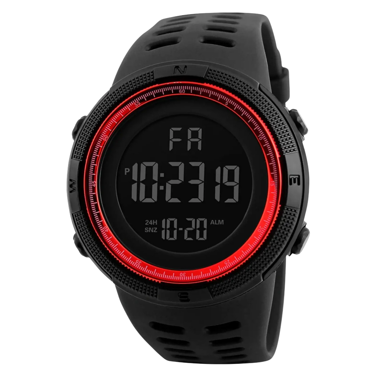Men waterproof digital sports watch with black body, bold red accent ring, and perforated silicone strap