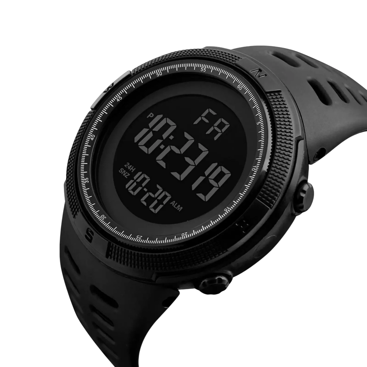 Men waterproof digital sports watch in black with rugged textured bezel and perforated strap for durable comfort