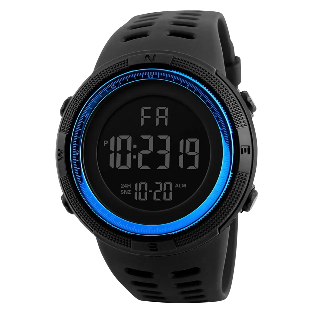 Men waterproof digital sports watch in black with glowing blue bezel and perforated silicone strap