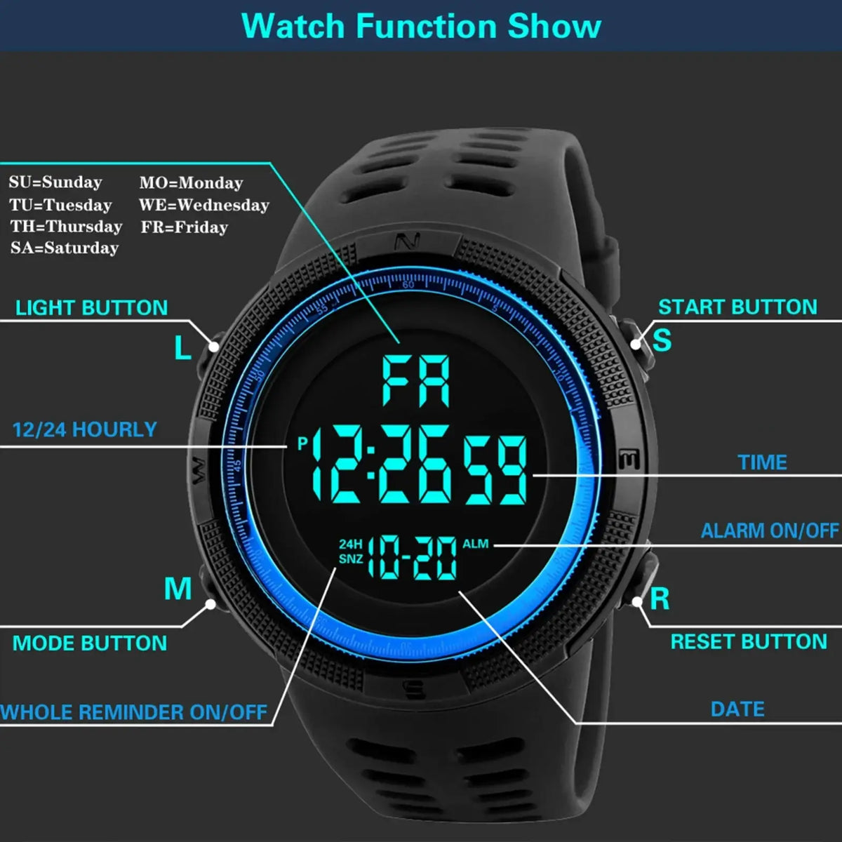Men waterproof digital sports watch in black with blue glowing bezel and multifunction buttons for time and reminders