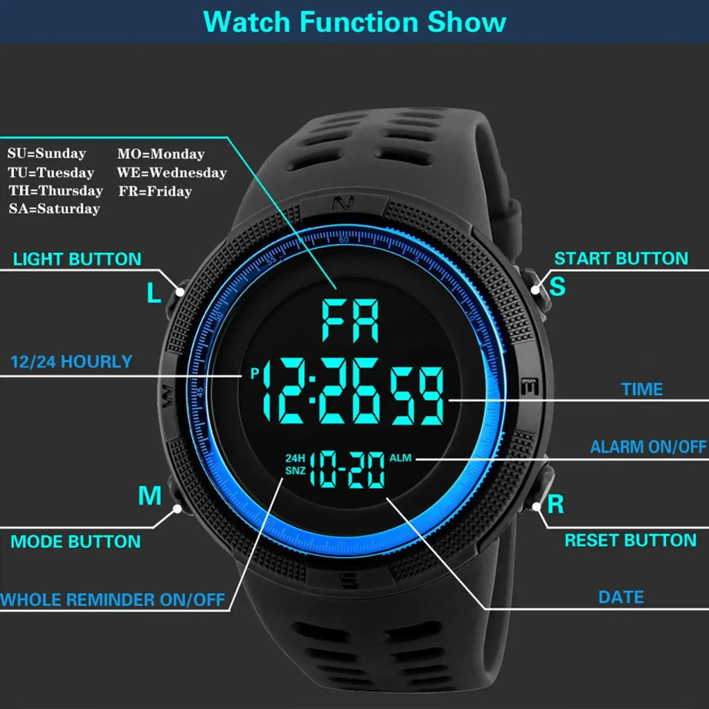 Men waterproof digital sports watch in black with blue glowing bezel and multifunction buttons for time and reminders