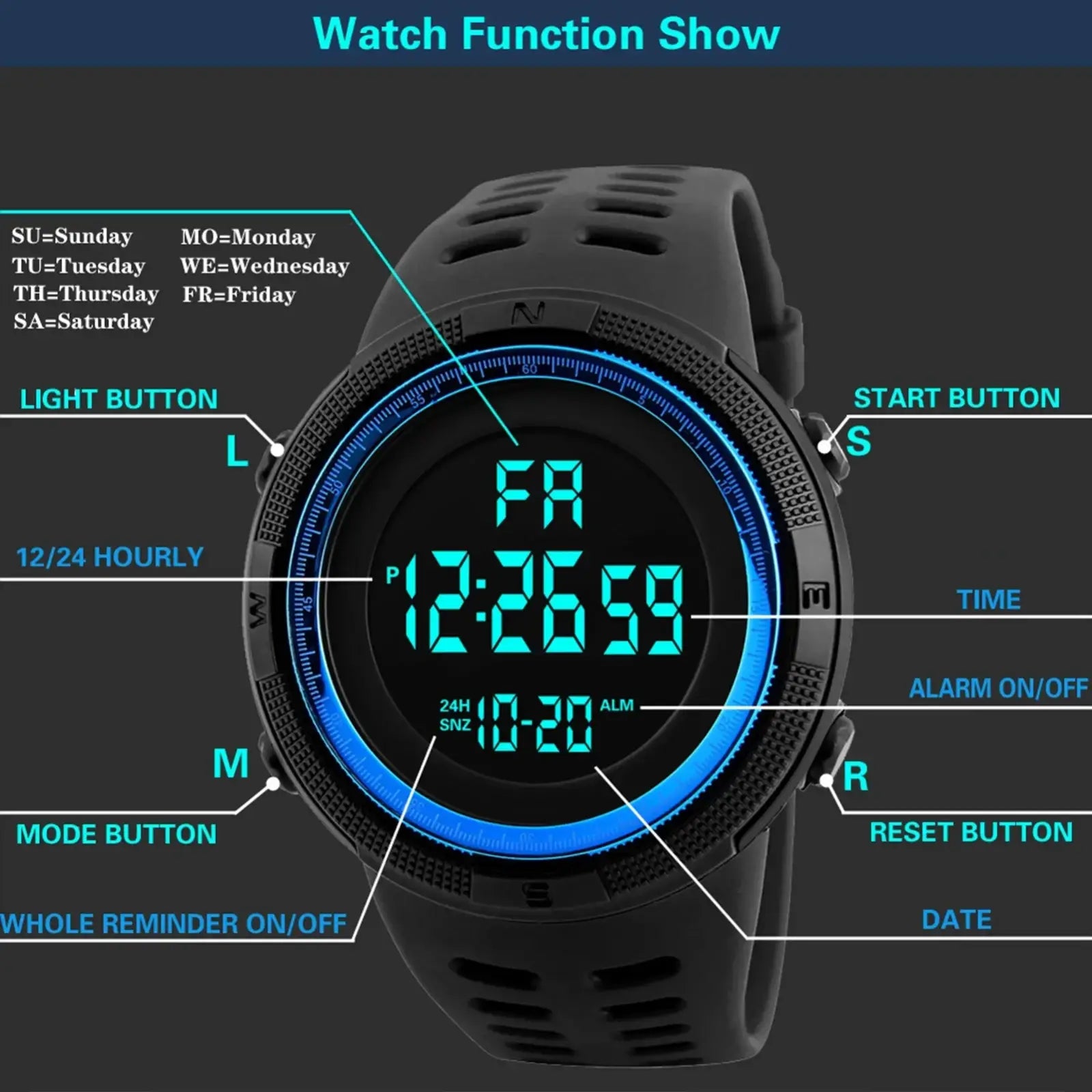 Men waterproof digital sports watch in black with blue glowing bezel and multifunction buttons for time and reminders