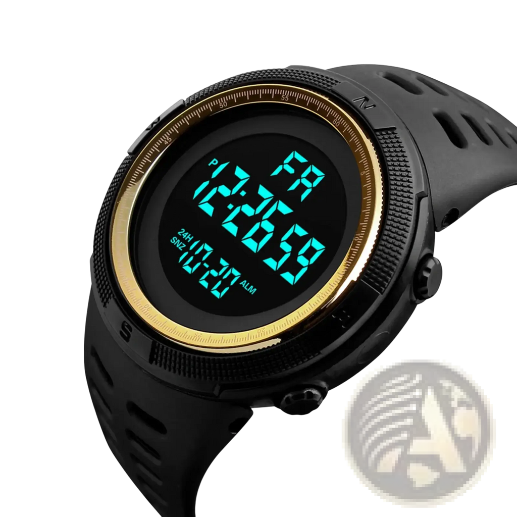 Men waterproof digital sports watch with black rubber strap, gold-tone bezel, and teal led display