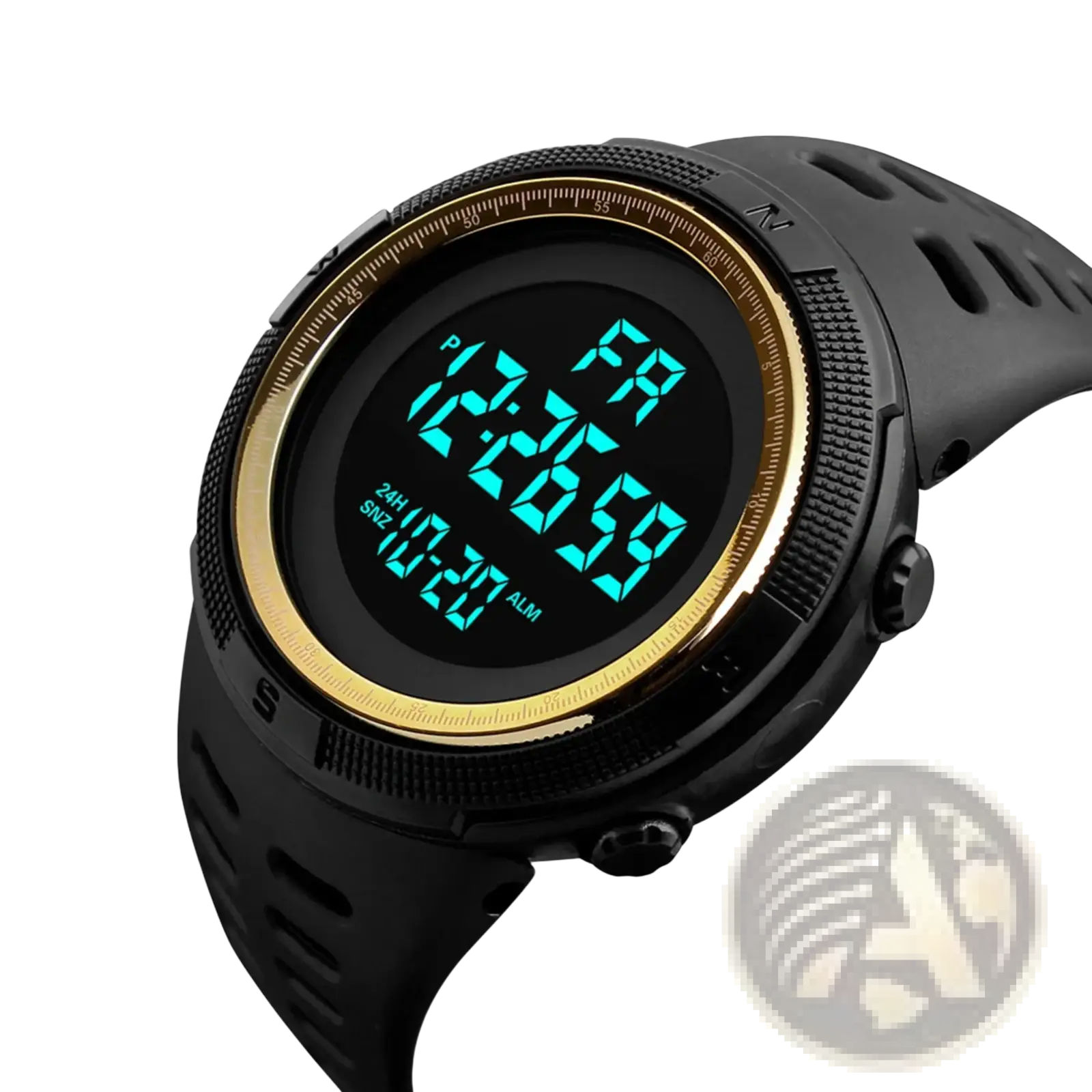 Men waterproof digital sports watch with black rubber strap, gold-tone bezel, and teal led display