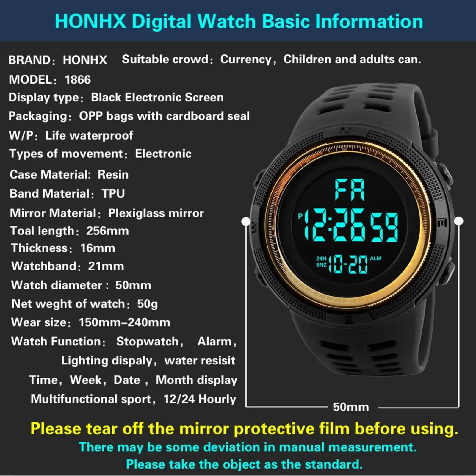 Black honhx 1866 men waterproof digital sports watch with gold bezel, resin case, and tpv band for durability
