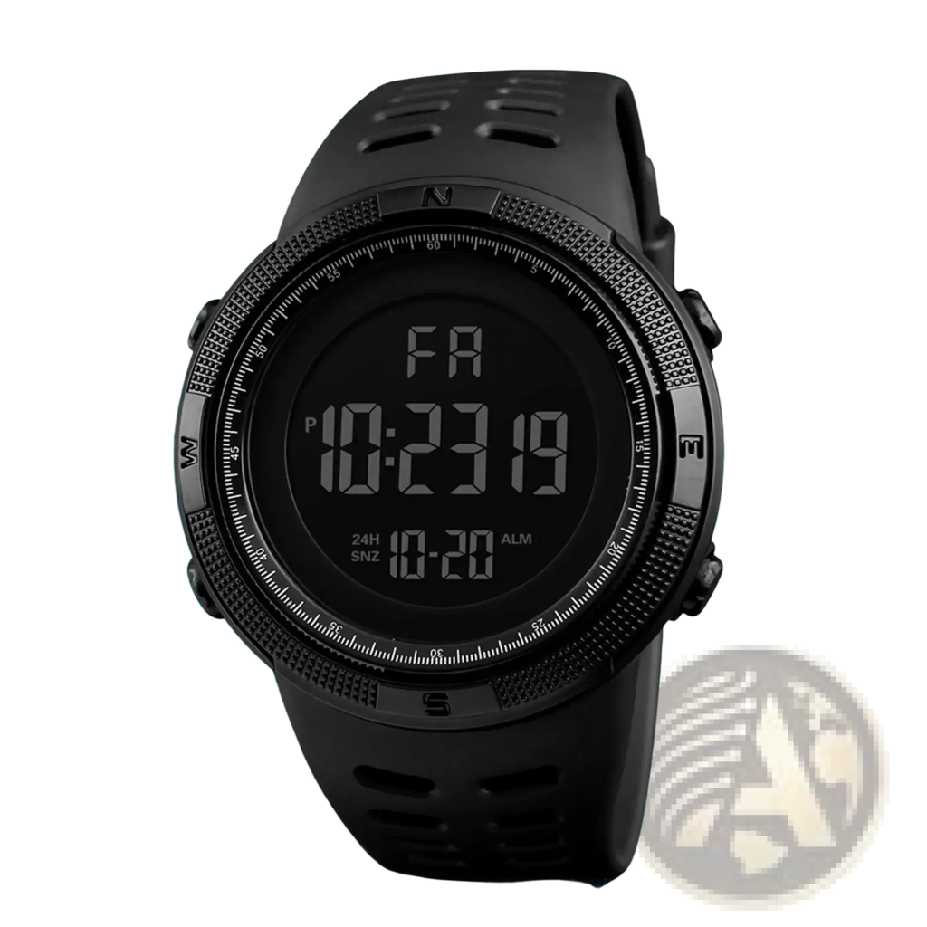 Men waterproof digital sports watch in black with a rugged textured bezel and matching silicone strap