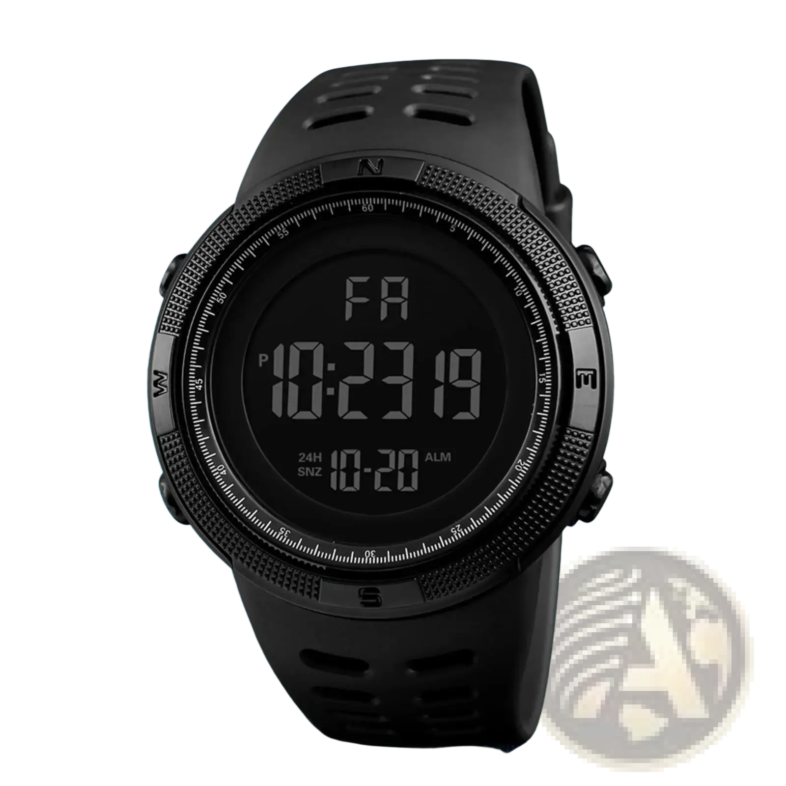 Men waterproof digital sports watch in black with a rugged textured bezel and matching silicone strap